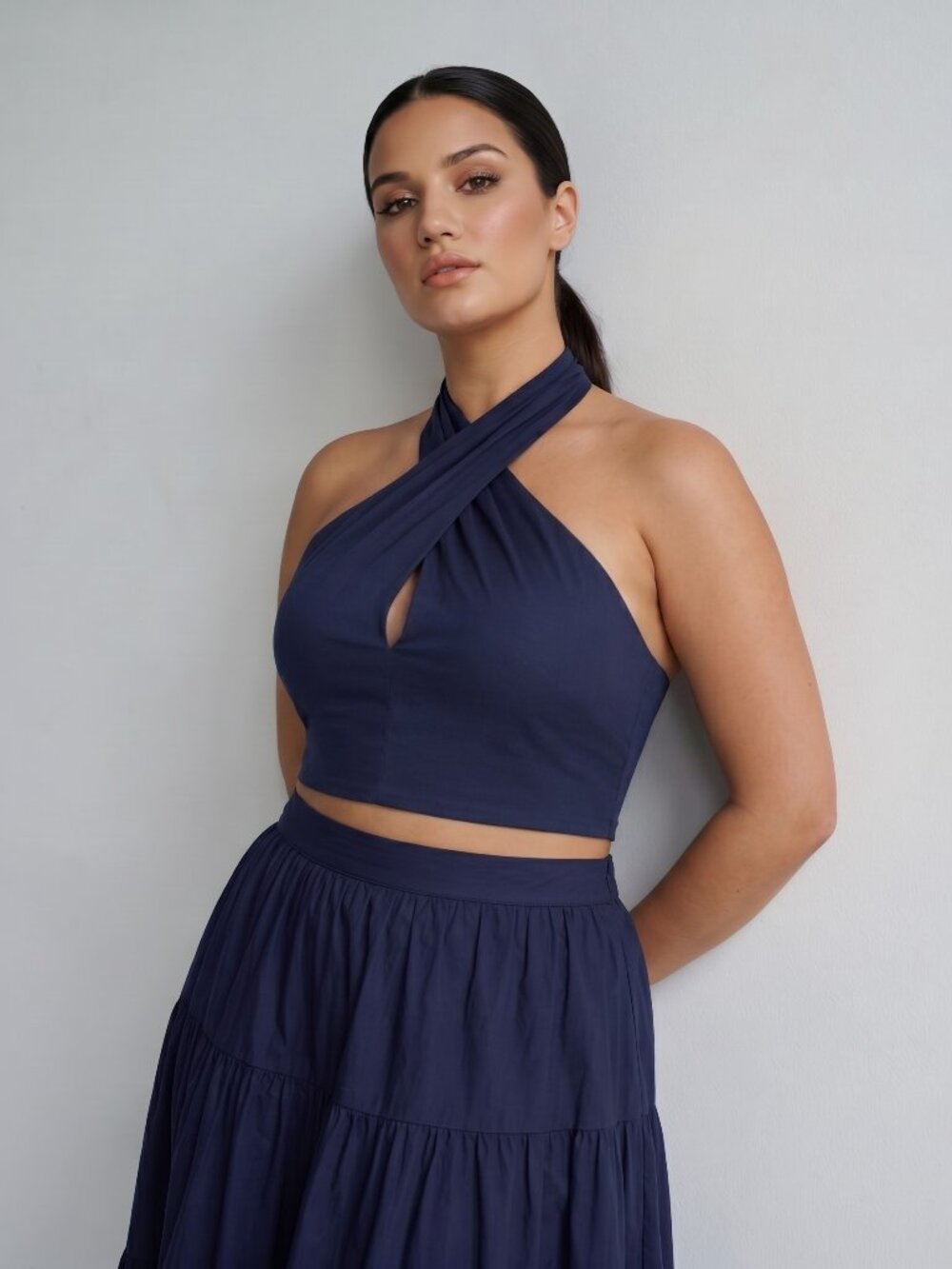 STAUD Navy Crossover Halter Crop Top Smocked Back NWT Size L